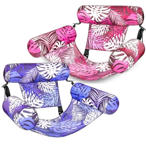 Image of SLOOSH Inflatable Pool Floats Adult,2 Packs Floating Lounge Chairs,Blow up Pool Noodles for Adult Heavy Duty,Floating Chair for Party Summer Water Beach Lake Fun,Tropical Leaves Purple,Pink