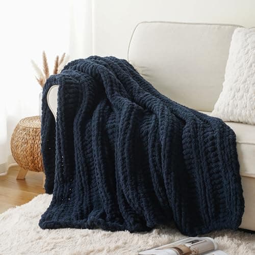 Image of Battilo Chunky Knit Blanket Throw, 125x150cm Handmade Knitted Throw Blanket, Soft Thick Chenille Yarn Crochet Blankets Navy Blue Throws for Sofa Bed Couch Home Decor