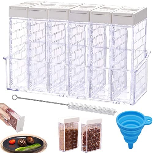 Image of QIQN Clear Seasoning Box Transparent Condiment Jars Storage Container Set with Funnel Brush 2 Kinds of Outlet Holes for Camping Storage Condiment Sugar Salt Pepper Kitchen Spices