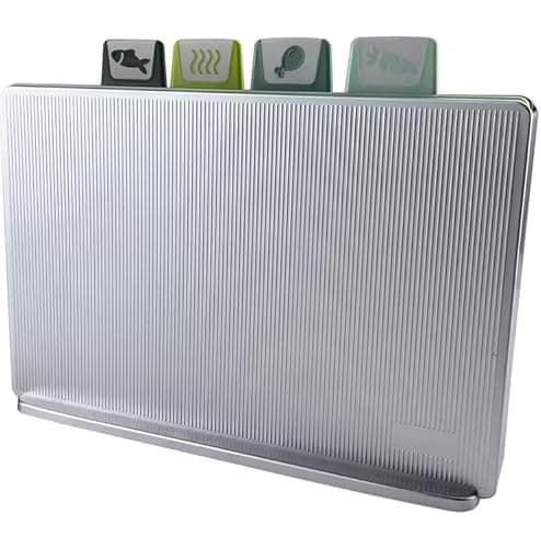 Image of Chopping Board Set, 4 Colour Coded indexed Style tabs, Large, Tough, Plastic, for Meat, Fish, Cooked Food and Veg. FDA/LFGB Certified. Dishwasher Safe