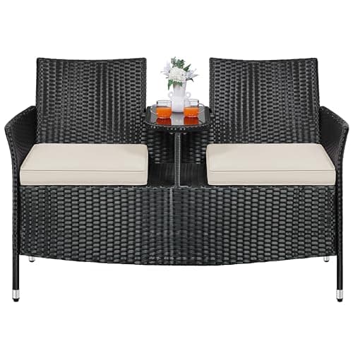 Image of Yaheetech Garden Rattan 2 Seater Companion Seat, Wicker Weave Partner Loveseat Bench with Cushions, Patio Outdoor Furniture Set for Balcony, Lawn, Backyard, Black/Beige