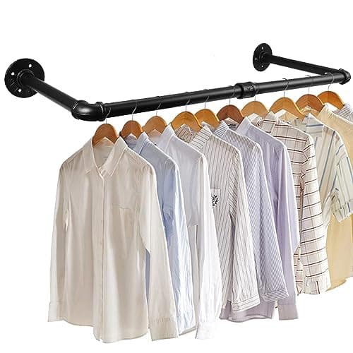 Image of eSynic 60cm Wall Mounted Clothes Rail Popular Black Industrial Pipe Wall Clothes Rail Durable Metal Clothing Rack, Vintage & Morden Detachable Clothes Tidy Rail for Hanging Coat Bedroom Cloakroom etc