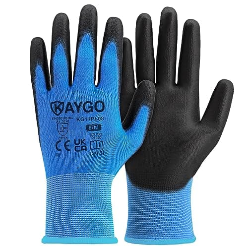 Image of KAYGO Work Gloves PU Coated-12 Pairs, KG11PL, Safety Working Gloves with Secure Grip on Palm & Fingers, for Men and Women, Ideal for General Purpose Light Duty Work, Gardening (Medium, Blue)