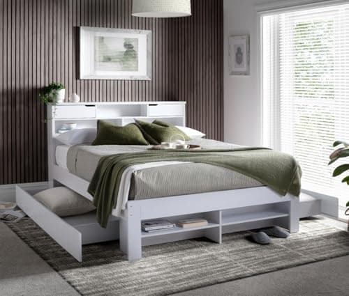Image of Bedmaster Fabio Wooden Bookcase Storage Bed No Drawer Double and King Size (White, Double)