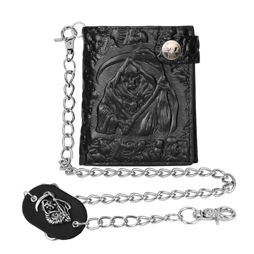 Image of Girinme Chain Wallet Leather - Punk Skull Gothic Bifold, Black, Reaper's Clutch