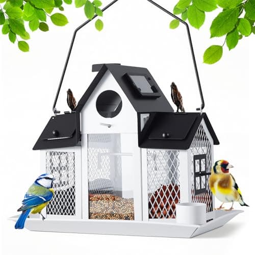 Image of WuJiLiving Solar Metal Wild Bird Feeder for Outdoor Garden, Weather-Resistant House Design with Water Bowls & Drain Tray, Large Capacity, Giftable Packaging (White BirdDecor)