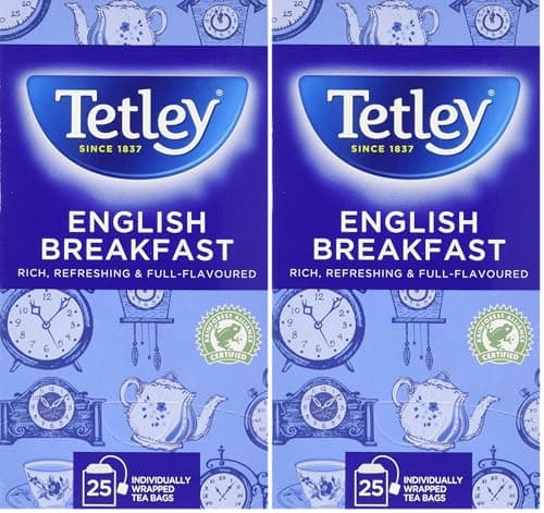Image of Tetley English Breakfast Black Tea Bags - Strong & Refreshing Morning Brew - Premium Blend with Assam & African Teas - Rainforest Alliance Certified - 25 Individually Wrapped Teabags (2 Pack)