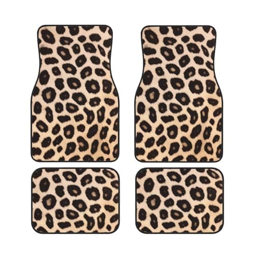 Image of Leopard Pattern Car Foot Mat Set Of 4 Pieces, Universal Automotive Front Rear Floor Foot Mats - Anti-Slip Neoprene, Easy To Clean, For Cars, Trucks, Suv