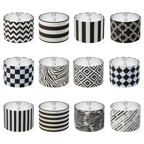 Image of Black and White Lampshade, Geometric Table Lamp Shade, Monochrome Light Shade, Modern Striped Checkered Ceiling Floor Pendant Bedroom Drum Chevron Palm Leaves Zebra Pattern Lampshade Home Decor Gift