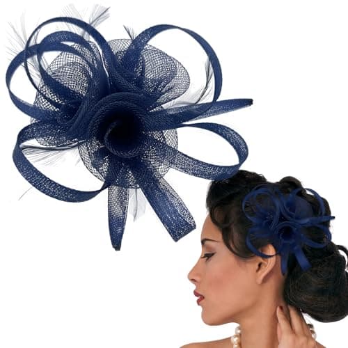 Image of Ladies Small Elegant Fascinator Hat, Mesh Feathers Flower Veil Wedding Bridal Shower Flower Headband Party Hat AscotHair Fascinators for Tea Party,Weddings, Races, Royal Ascot, Hair Piece(Navy Blue)