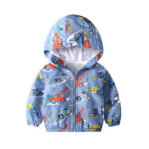 Image of JinBei Boy Jacket Kids Hooded Jackets Windbreaker Zip Windproof Long Sleeve Coat Cloak Sunscreen Blue Excavator Print Outwear Soft Light and Thin Clothes Gift 3-4 Years,110