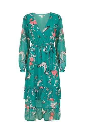 Image of Yumi Green Floral Crane Print Long Sleeve Wrap Midi Dress, Tiered Ruffle Hem, 123cm Length (UK, Numeric, 10, Regular, Regular, Green)