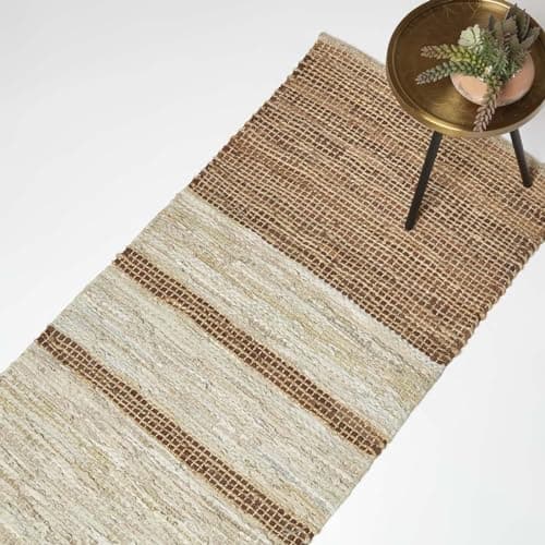 Image of HOMESCAPES Brown Genuine Leather Runner Rug Handwoven Stripe Design Recycled Eco Friendly Real Leather Rug for Hallways, 66 x 200 cm