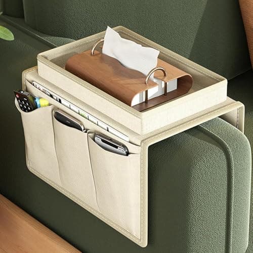 Image of Techchii Sofa Arm Tray Organiser, Versatile Armchair Tray Waterproof Sofa Arm Chair Table Holder Non-Slip Armrest Organiser with 4 Bags for Drinks Phone Magazine Book Snacks