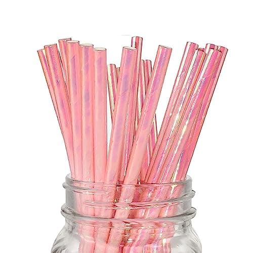 Image of Cute Iridescent Pink Paper Straws, 100 Pack Disposable Pretty Pastel Straw Coral Pink Pearl Paper Drinking Straw for Cake Pop Sticks Party Wedding Decoration