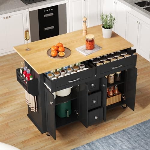 Image of FammyLoft Kitchen Island on Wheels with Drop Leaf, Rolling Kitchen Trolley Cart with Foldable Worktop and Lockable Casters, Storage Cabinet for Kitchen Dining Living Room, Black