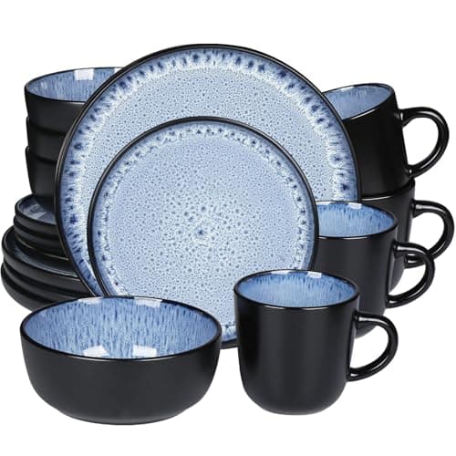 Image of Greentainer Handmade Stoneware Dinnerware Set, Ocean Blue Dinner Set, 16-Piece Dinner Service Set with Dinner Plate, Dessert Plate, Bowl and Mug, Dishwasher & Microwave Safe, Service for 4