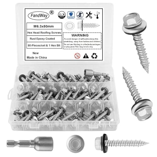 Image of FandWay M6.3x50mm Self-Drilling Roofing Screws,80pcs Hex Head Sheet Metal Tek Screws,Rust Epoxy Coated Self Tapping Wood Siding Screw With EPDM Washer and Hex Drive for Corrugated Roofing.