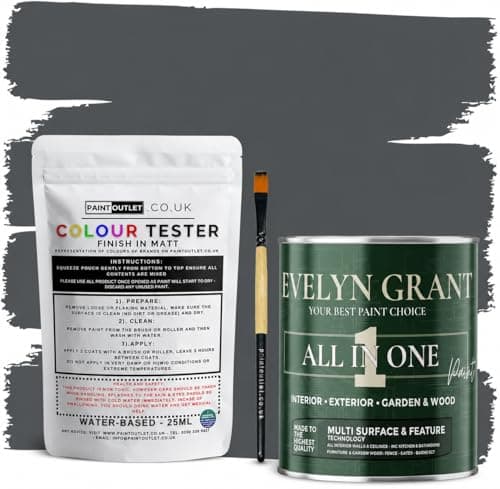 Image of Evelyn Grant All-IN-ONE Paint & Primer - Sample Colour Tester Pot with Brush - Multi-Surface Paint For Interior Walls, Outdoor Garden & Exterior Walls, High Durability Multi-Feature Anthracite Grey
