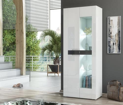 Image of Furneo Milano 08 – White 2-Door Display Cabinet, High Gloss & Matt Finish, White LED Lights