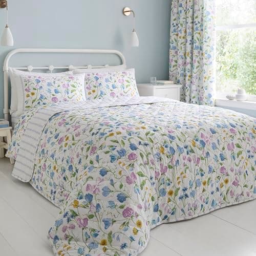 Image of Dreams & Drapes Sweetpea Floral Quilted Bedspread 200 x 200cm Lilac – Textured Floral Design for Bedroom, Lightweight Bedspread