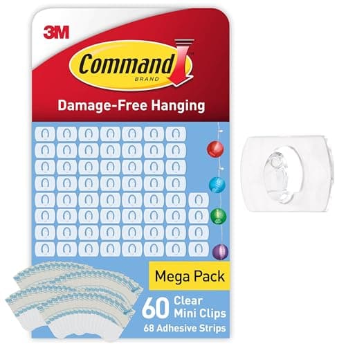 Image of Command Clear Decorating Clips, Value Pack of 60 Transparent Clips and 68 Small Adhesive Strips - Little Hooks for Decorations and Fairy Lights - Damage Free Hanging - Packaging May Vary
