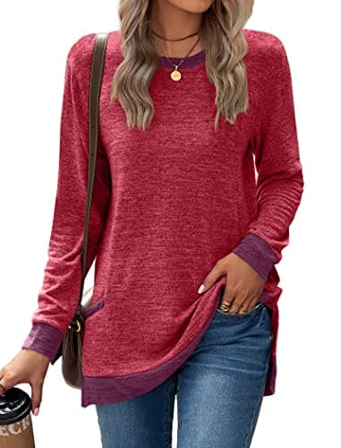 Image of Famulily Womens Longline Tops Jumper Sweatshirt Color Block Classic Round Neck Long Sleeved Soft Cotton T Shirts with Pockets Red L