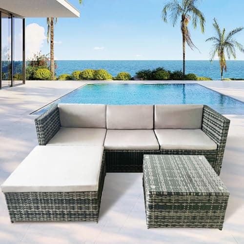 Image of Alivio 4 Seater Rattan Corner Sofa Set, 3 Piece PE Rattan Garden Furniture Set with Coffee Table & Anti-UV Cushions for Indoor Outdoor Patio (Grey)