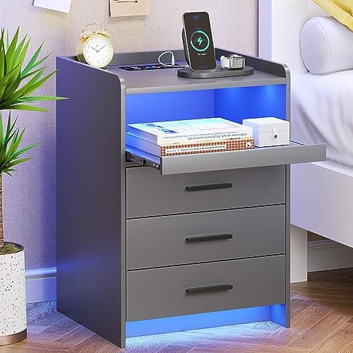 Image of FREDEES Grey Bedside Table with Charging Station and Led Lights, Bedside Cabinet with 3 Drawers, Modern Nightstand with Storage for Bedroom, Living Room
