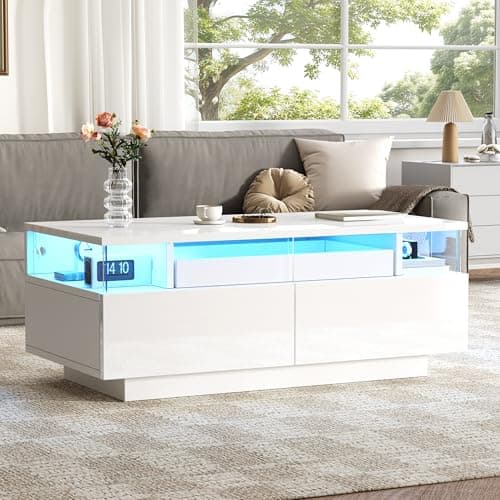 Image of Merax High Gloss Coffee Table with LED Lights,Modern Centre Table with Storage, Tempered Glass Side Panels, White Sofa Side Coffee End Table for Living Room, 90x45x35.5cm
