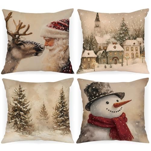 Image of Lanpn 16x16 Christmas Throw Pillow Covers Set of 4, Snowman Santa Reindeer Vintage Christmas Pillow Cover Pillowcase Xmas Holiday Decorative Pillow case for Home Sofa Couch Living Room Decor 40x40cm