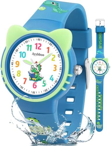 Image of Ayybboo Kids Watch Analog for Boys Girls Toddler, 3ATM Waterproof Children Watch,Cat-Ear Shaped Wristwatch Learning Time and Easy to Read (Blue)
