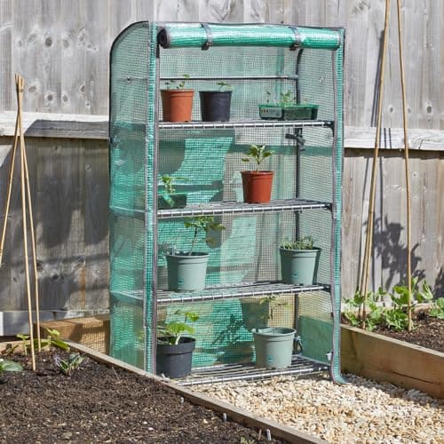 Image of 4 Tier Compact GroZone Mini Greenhouse - Garden Growhouse with Steel Frame, PE Cover, Front Zip Up Panel & 4 Shelves - Germinate Seeds, Propagate Plants & Grow Exotic Fruit & Veg – H130 x W80 x D30cm