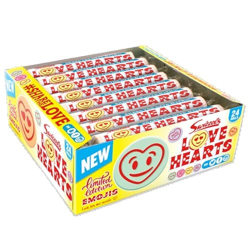 Image of Swizzels Giant Love Hearts Sweets 24 Pack, Fizzy Fruit Flavour Rolls with Love Messages, Valentine’s Day Sharing Treats, Vegan Friendly Retro Candy