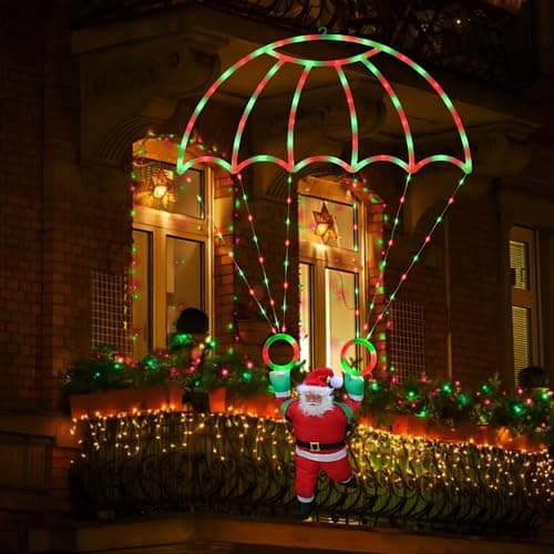 Image of Moxled Christmas Decorations Outdoor - 2.8ft LED Parachute Christmas Lights with Santa Claus, Waterproof 8 Modes Battery Lights for Roof Window Door Wall Garden Decor (Red & Green)