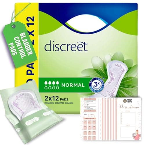 Image of Tena Lady Discreet Normal Pads 2X 12 Pack Bundle with Fancy Labels Period Tracker | Reliable Protection, Odor Control, and Comfortable Fit for Women