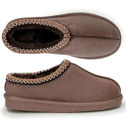 Image of Polar Women’s Faux Suede Shearling Lined Slippers - Warm Memory Foam Indoor Outdoor Slip-On House Shoes with Aztec Trim - Non-Slip Sole for Winter Cosy Comfort - Mocha - UK 5