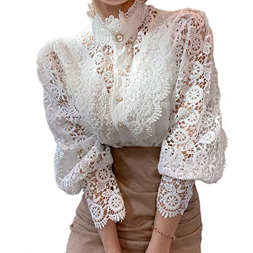 Image of Women’s Elegant Lace Trim Shirts Casual Victorian Blouse Long Sleeve Button Down Tops, White, M