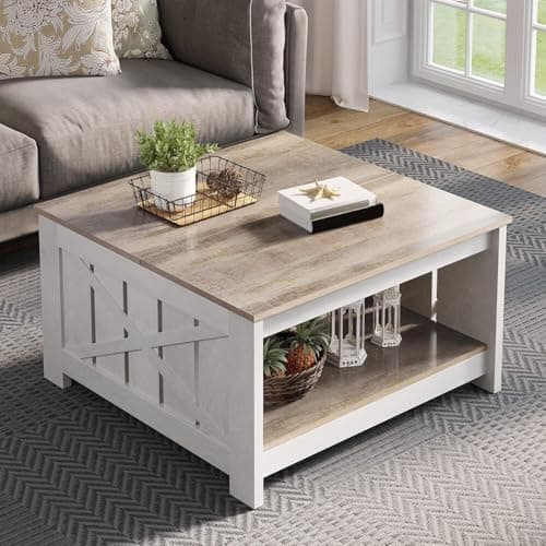 Image of YITAHOME Coffee Table with Storage,Square Wood Modern Rustic Coffee Table for Living Room,Farmhouse Grey Wash Coffee Tables with Half Open Storage Compartment