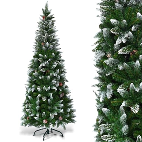 Image of GYMAX Snow Flocked Pencil Christmas Tree, 5FT/6FT/7.5FT Slim Christmas Tree with Pine Cones and Metal Stand, Hinged Xmas Tree Holiday Decoration for Home, Office, Shops & Hotels (5 ft)