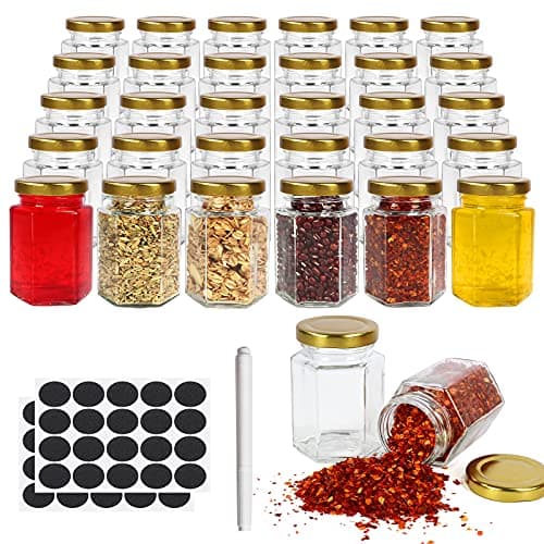 Image of SHiZAK 30 Pack 4oz Hexagonal Glass Jars with Gold Lids, 120ml Clear Glass Canning Jars Honey Jars Spice Jars Mason Jars for Herb, Jams, Shower Favors, Wedding Favors, Craft, 1 Pen and Labels Included