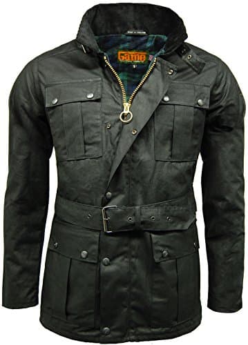 Image of Game Technical Apparel Mens Continental Belted Biker Wax Jacket with Tartan Lining (XL, Black)