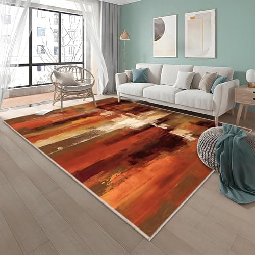 Image of FTCJWL Machine Washable Rug 120x180cm Orange Rugs for Living Room Soft Short Pile Modern Abstract Carpet Anti Slip for Bedroom Dining Room Office Home Decor,Orange, Brown, Red