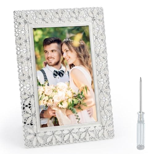 Image of 6x4 Photo Frame - Wedding Picture Frames 4x6 Metal Photo Frame with Holder Wall Mounted Display Vertical & Horizontal Beautiful Flower Design Tabletop for Wedding Art Print Family Picture Drawing