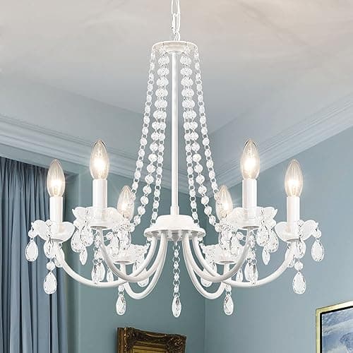 Image of ASHUAQI Crystal Chandelier, 6 Lights Chandeliers Ceiling Light, Modern Chandelier White, E14 Base Pendant Light, Crystal Ceiling Lights for Living Room, Dining Room, Bedroom, Hallway, Kitchen