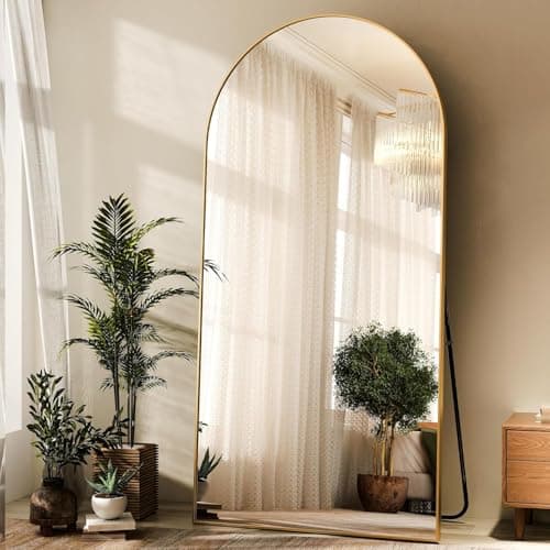 Image of Koonmi Arched Full Length Mirror, Right Angle Design, Large Size 171×76cm, Full Length Mirror with Stand, Made of Tempered Glass Suitable for Bedroom, Entryway, Living Room, Gold