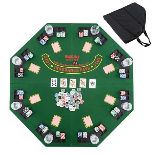 Image of GYMAX 48-Inch Foldable Poker Table Top - 8-Player Professional Texas Hold'em Mat Layout with Cup Holders & Chip Trays, Carrying Bag for Party Casino (Green)