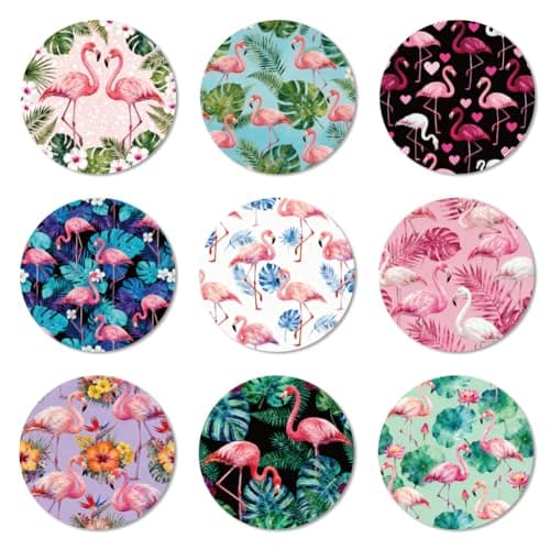 Image of ANATTASOUL Wood Coasters Set of 9 for Drinks Flamingos Colorful Wooden Cup Mat for Coffee Table Decor, 3.9" Round Desk Coasters for Home, Apartment, Office, Bar Gifts