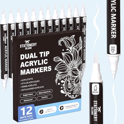 Image of STATIONERY ISLAND Acrylic Paint Pens 12 pcs White Paint Markers Dual tip Acrylic Markers for Rock Painting Stone Glass Ceramic Wood Metal Fabric Fine & Brush Tip White Water Based Acrylic Pens