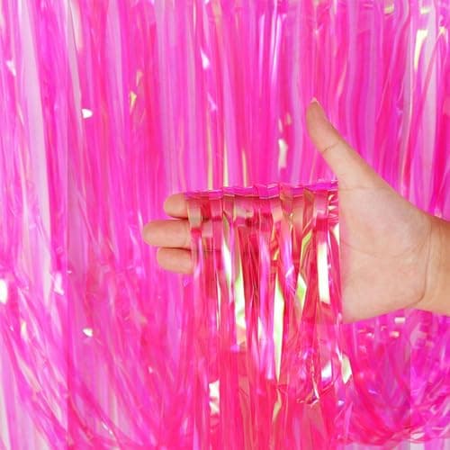 Image of 3pcs 2M X 1M Iridescent Pink Metallic Tinsel Curtains Aluminum Foil Flow Silk Curtain Background Streamer Birthday Party Wedding Holiday Decoration (Pink Iridescent)